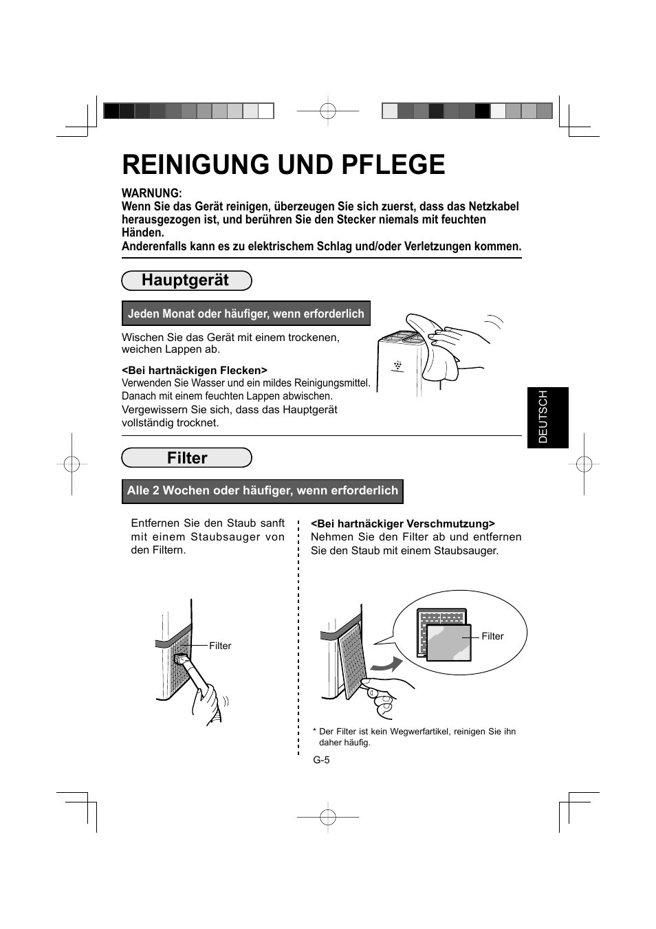 Reinigung und pflege, Hauptgerät, Filter | Sharp IG-A10EU-W User Manual | Page 17 / 64