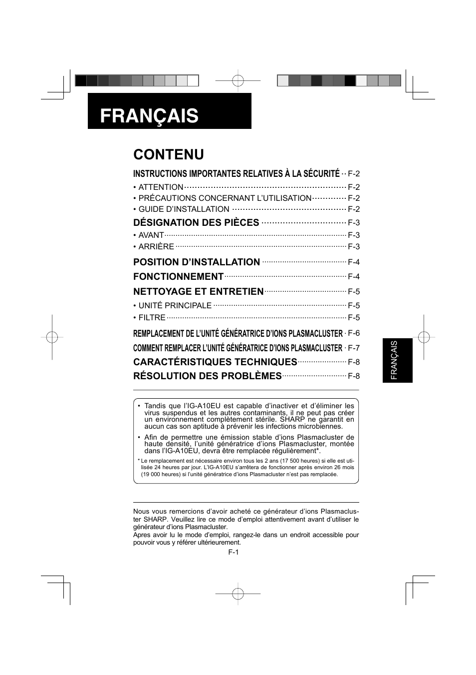 Français, Contenu | Sharp IG-A10EU-W User Manual | Page 23 / 64