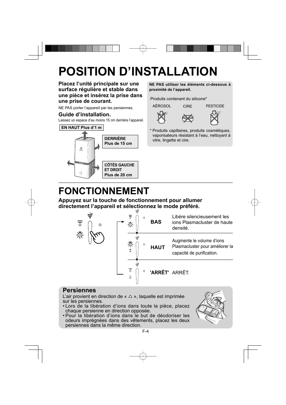 Position d’installation, Fonctionnement, Persiennes | Sharp IG-A10EU-W User Manual | Page 26 / 64