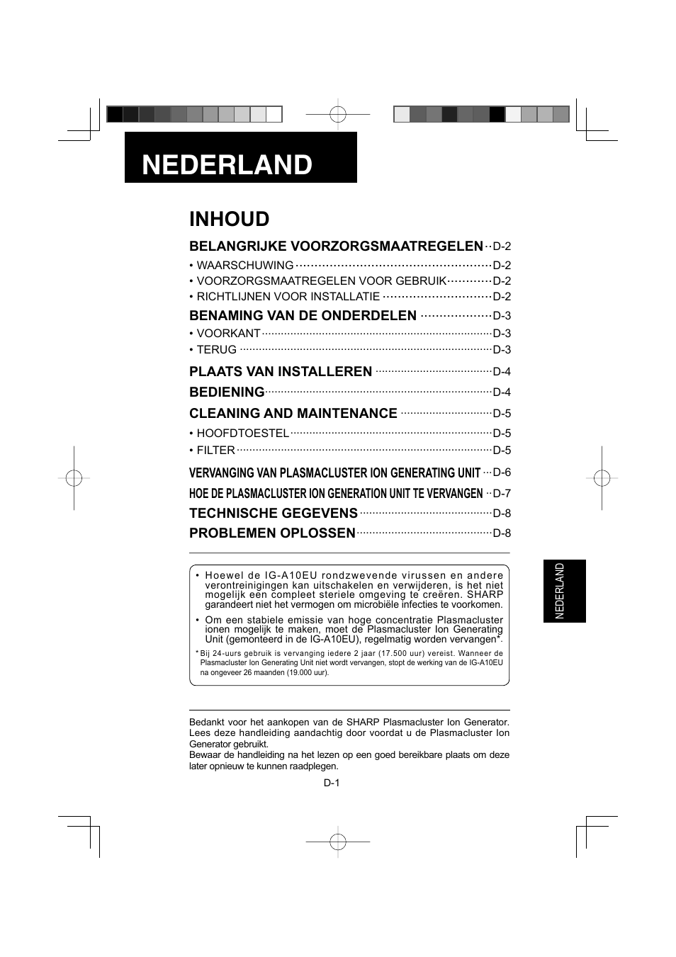 Nederland, Inhoud | Sharp IG-A10EU-W User Manual | Page 33 / 64