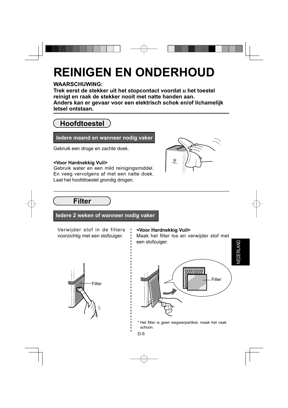 Reinigen en onderhoud, Hoofdtoestel, Filter | Sharp IG-A10EU-W User Manual | Page 37 / 64