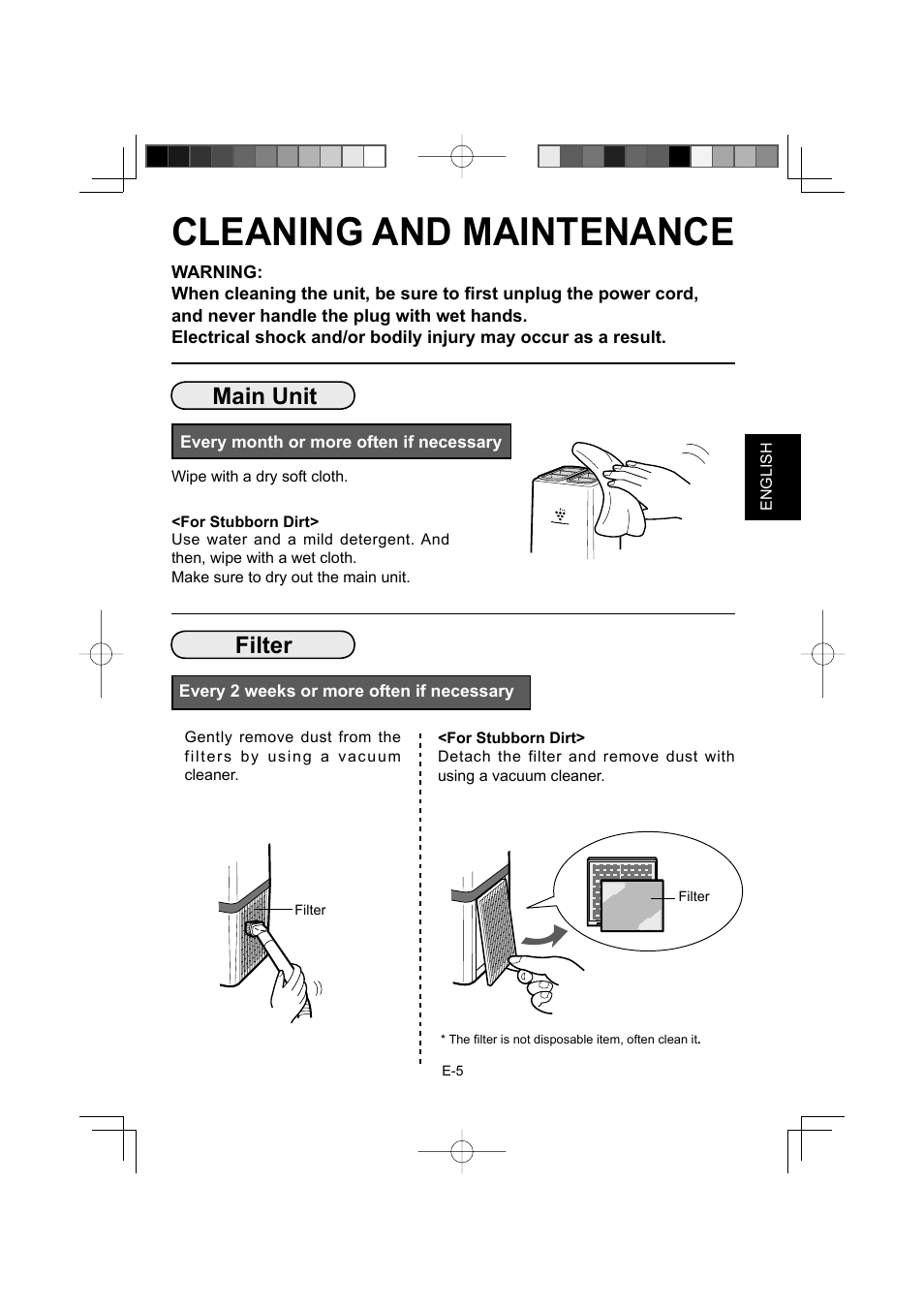 Cleaning and maintenance, Main unit, Filter | Sharp IG-A10EU-W User Manual | Page 7 / 64