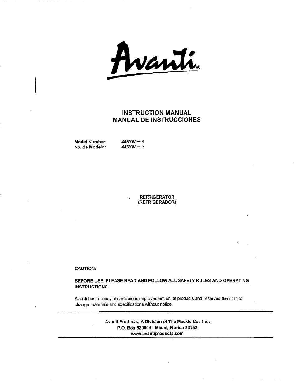 Avanti 445YW-1 User Manual | 14 pages