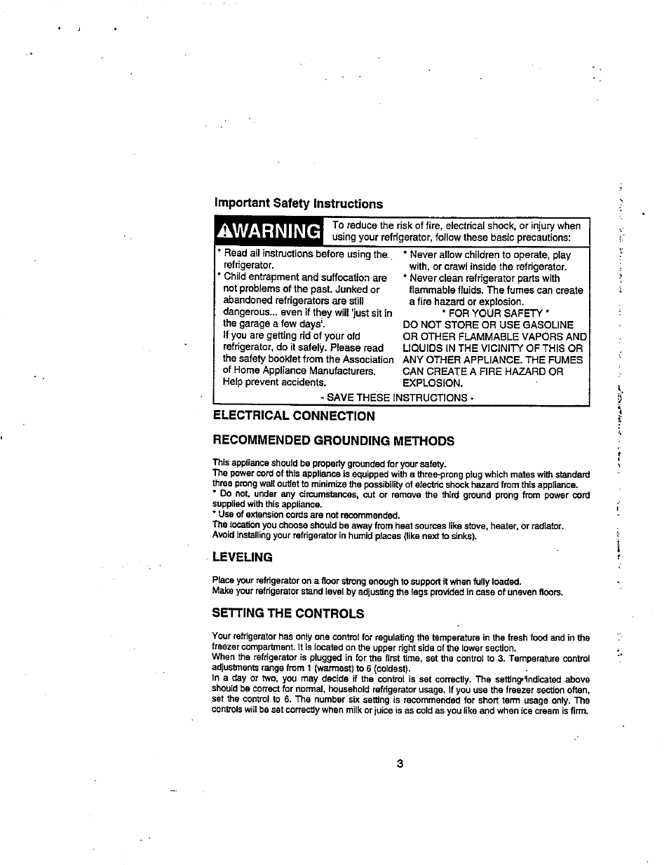 Awarning, Important safety instructions, Leveling | Setting the controls | Avanti 1133YW User Manual | Page 4 / 11