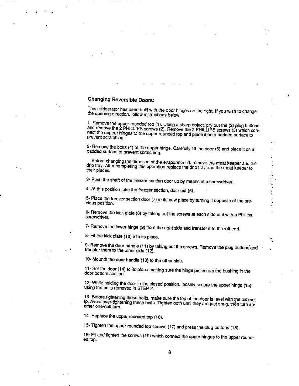 Changing reversible doors | Avanti 1133YW User Manual | Page 9 / 11