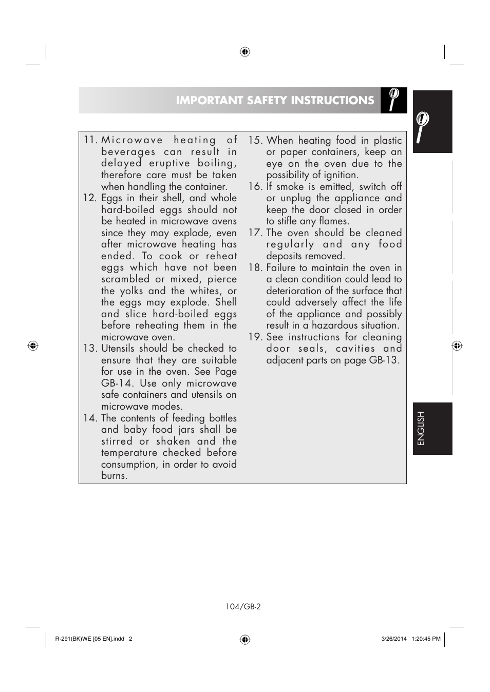 Important safety instructions | Sharp R-291BKWE User Manual | Page 105 / 210