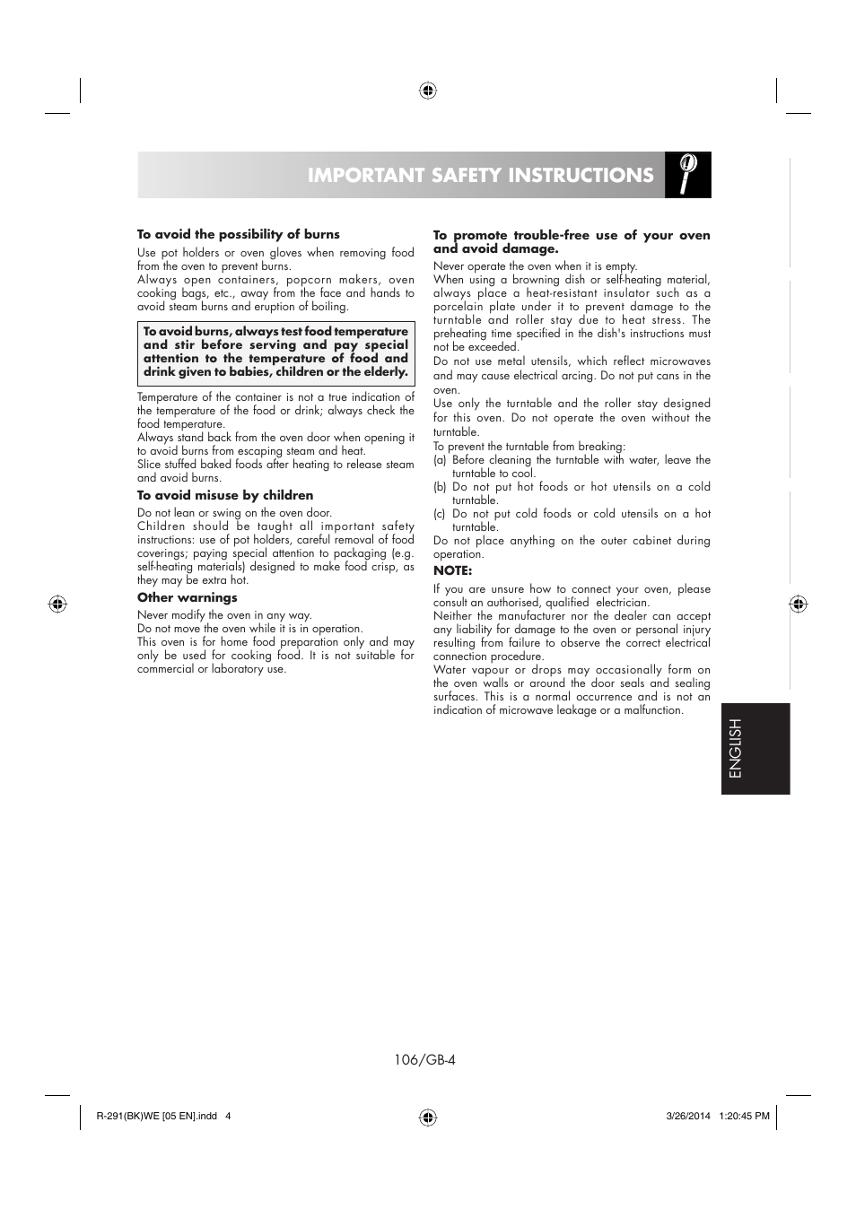 Important safety instructions | Sharp R-291BKWE User Manual | Page 107 / 210