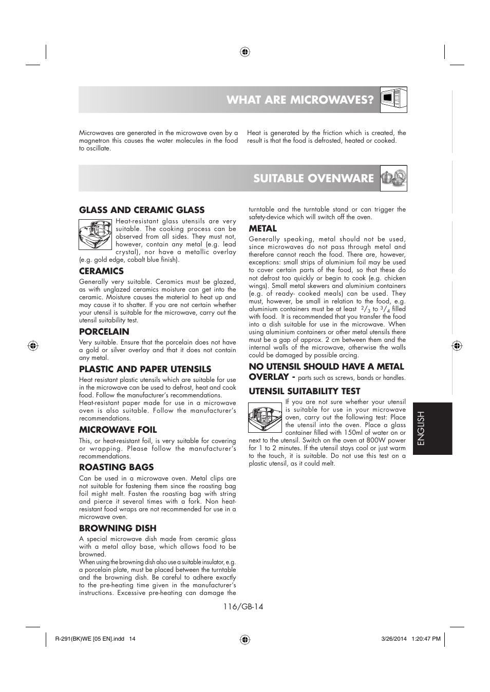 What are microwaves, Suitable ovenware | Sharp R-291BKWE User Manual | Page 117 / 210