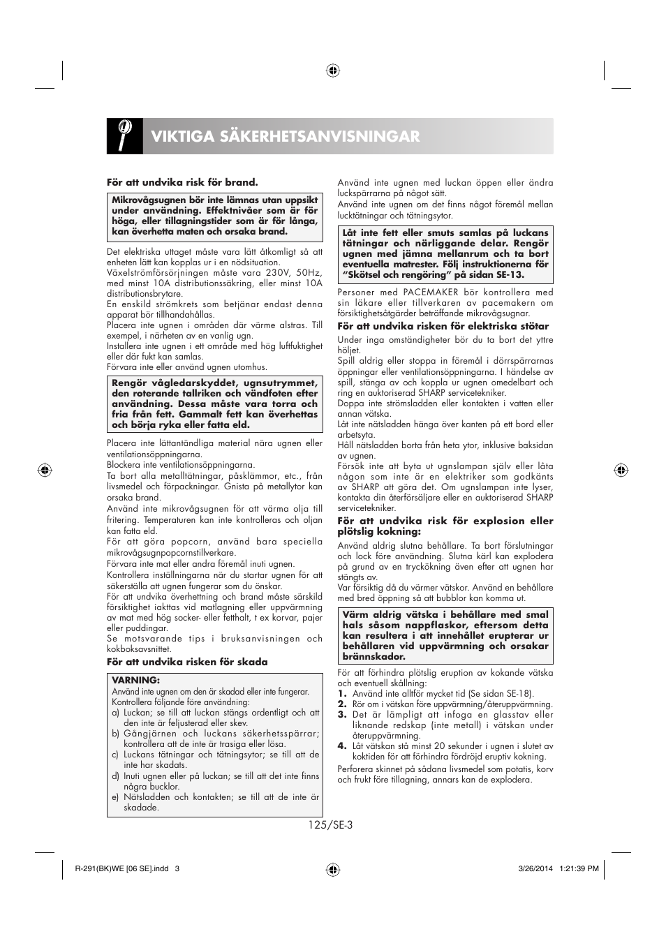 Viktiga säkerhetsanvisningar | Sharp R-291BKWE User Manual | Page 126 / 210