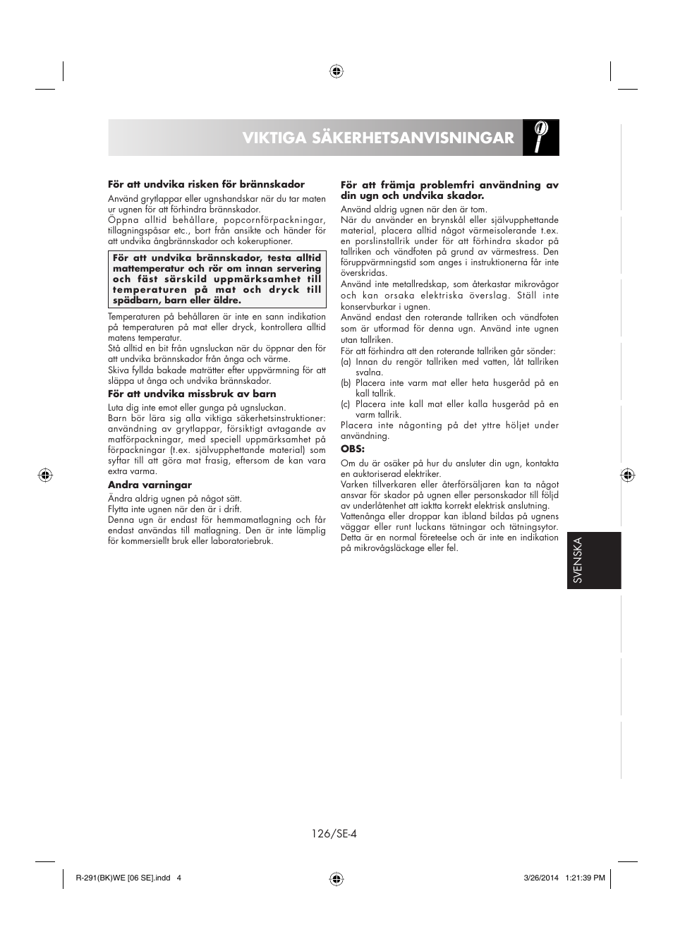 Viktiga säkerhetsanvisningar | Sharp R-291BKWE User Manual | Page 127 / 210