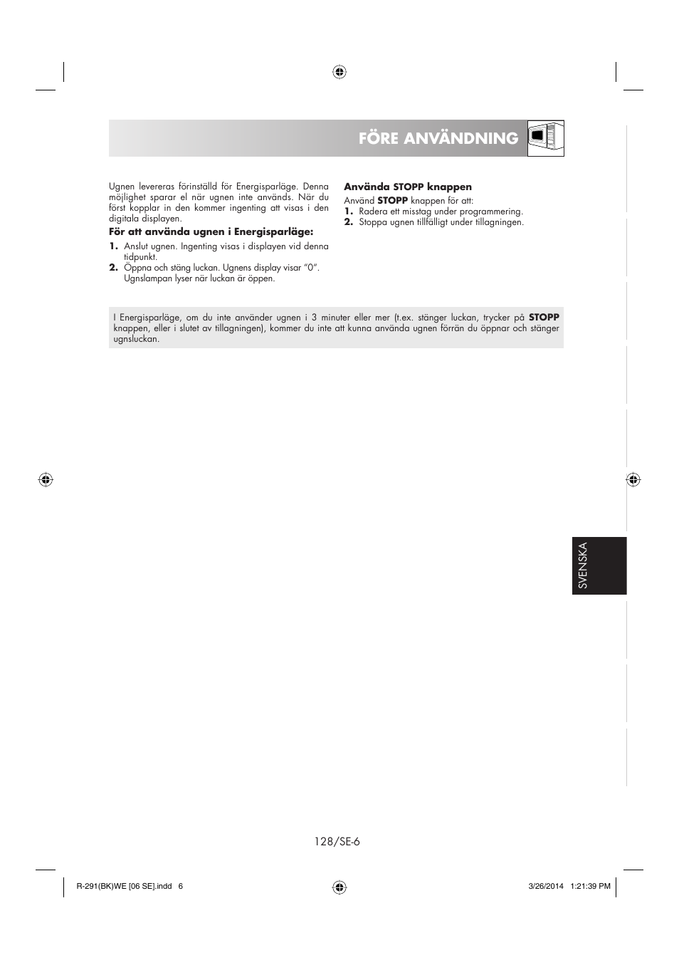 Före användning | Sharp R-291BKWE User Manual | Page 129 / 210
