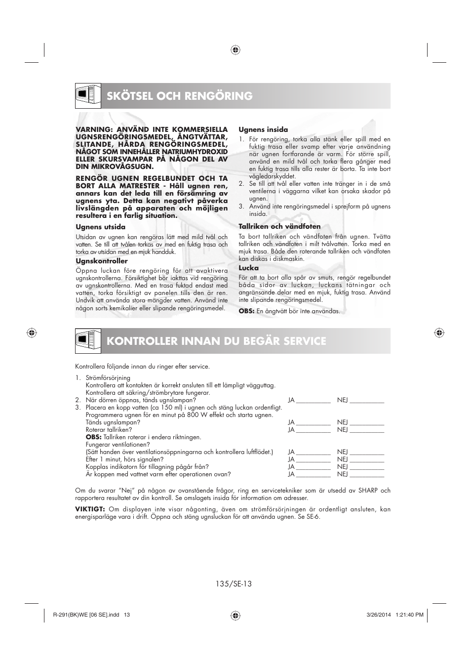 Skötsel och rengöring, Kontroller innan du begär service | Sharp R-291BKWE User Manual | Page 136 / 210