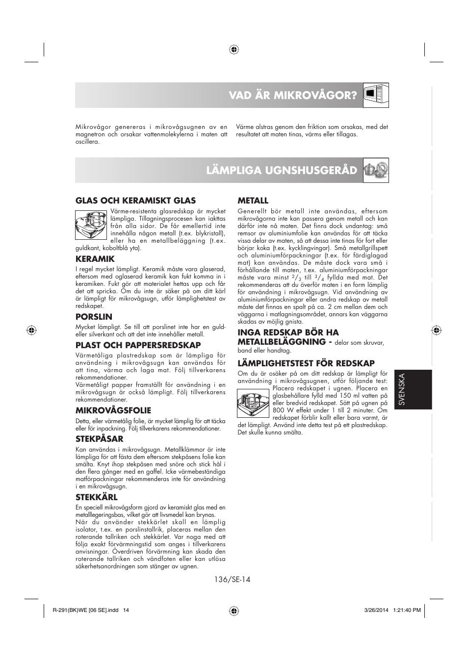 Vad är mikrovågor, Lämpliga ugnshusgeråd | Sharp R-291BKWE User Manual | Page 137 / 210