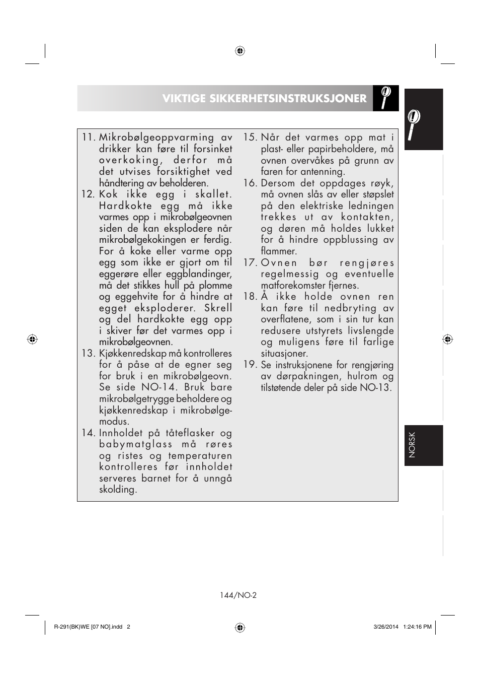 Viktige sikkerhetsinstruksjoner | Sharp R-291BKWE User Manual | Page 145 / 210