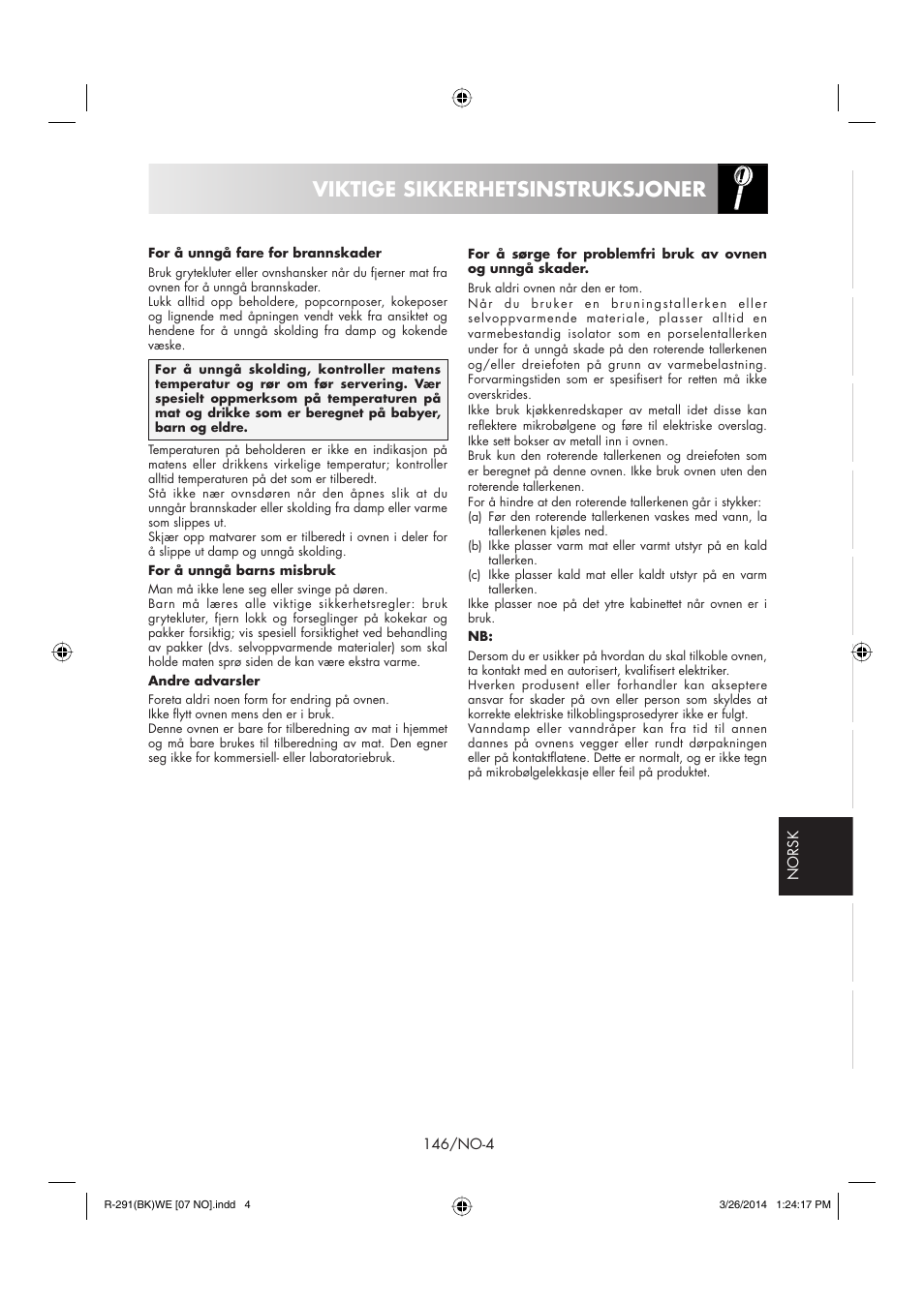 Viktige sikkerhetsinstruksjoner | Sharp R-291BKWE User Manual | Page 147 / 210