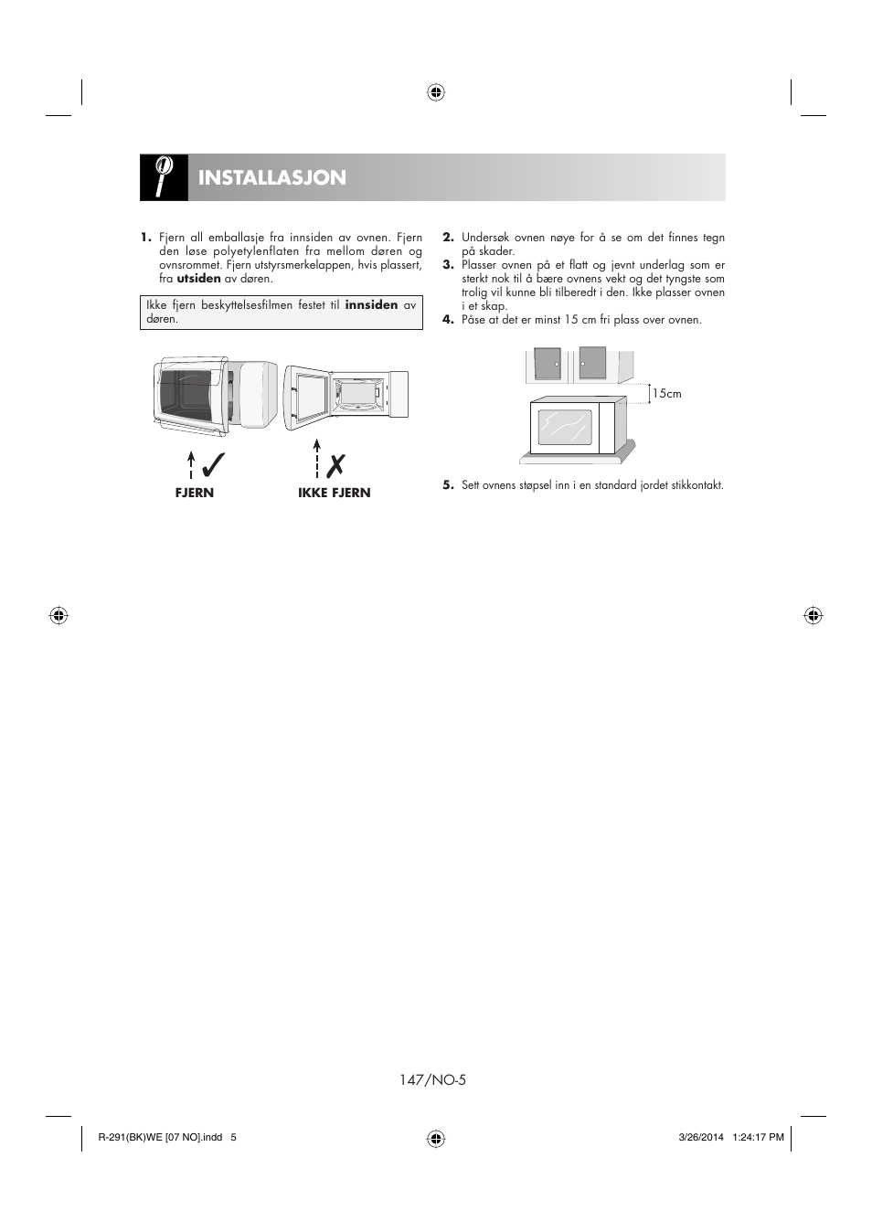 Installasjon | Sharp R-291BKWE User Manual | Page 148 / 210