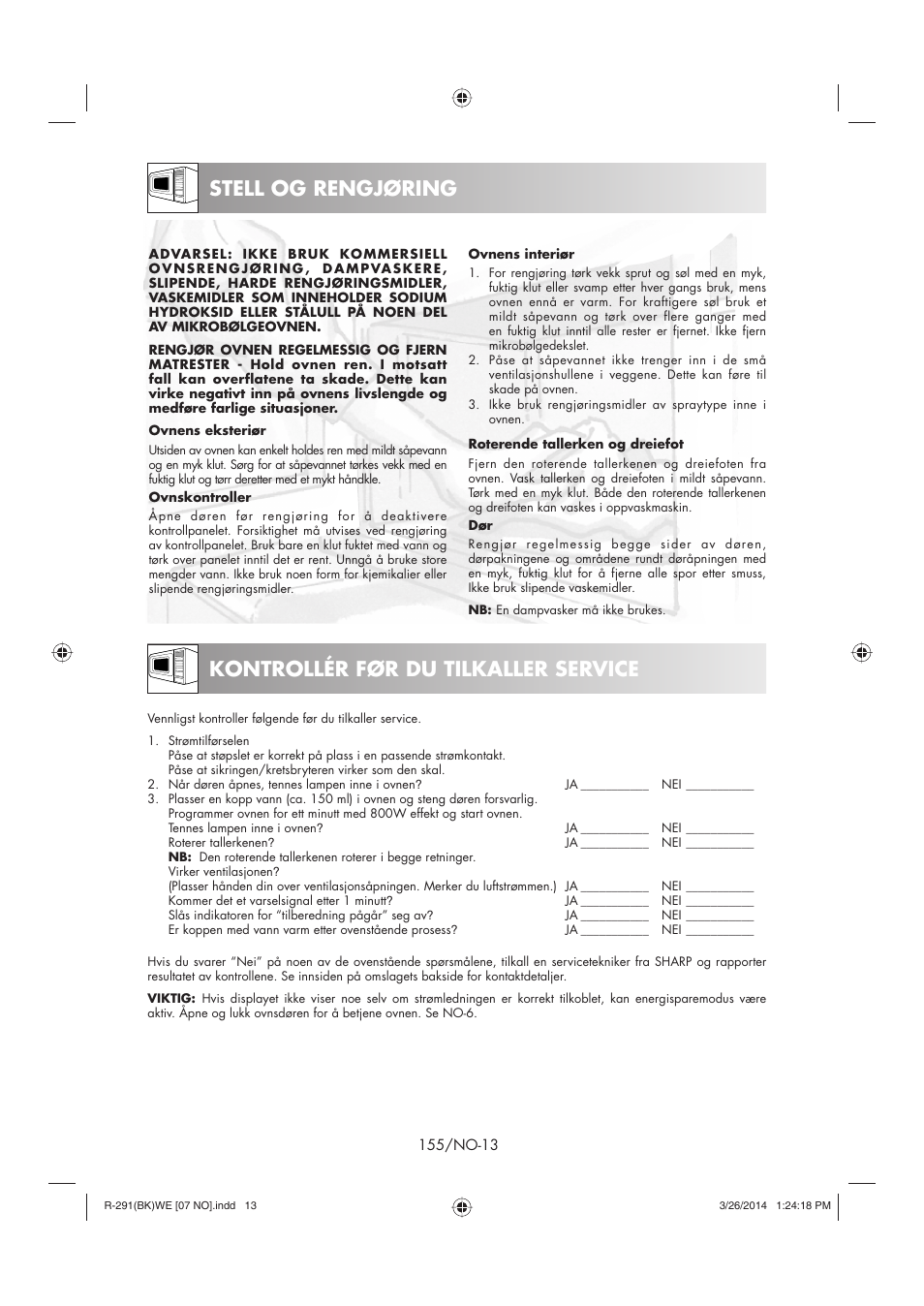 Stell og rengjøring, Kontrollér før du tilkaller service | Sharp R-291BKWE User Manual | Page 156 / 210