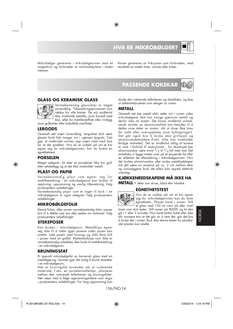 Hva er mikrobølger, Passende kokekar | Sharp R-291BKWE User Manual | Page 157 / 210