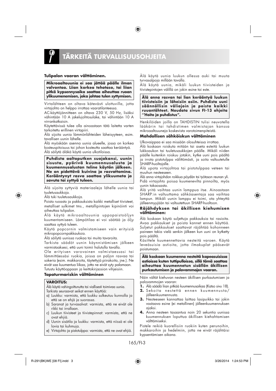Tärkeitä turvallisuusohjeita | Sharp R-291BKWE User Manual | Page 166 / 210