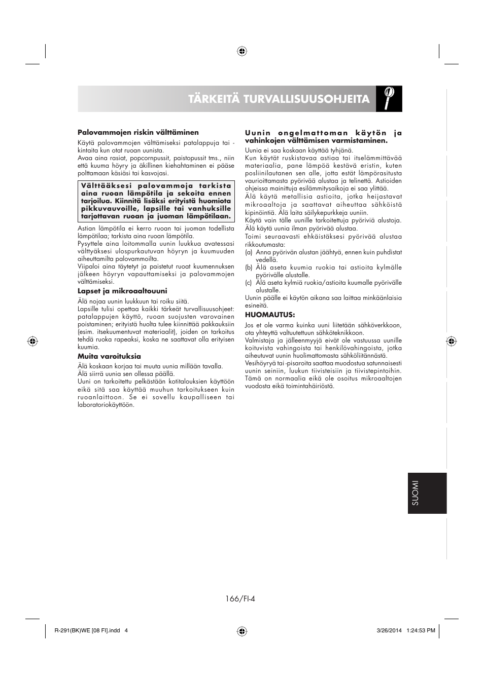 Tärkeitä turvallisuusohjeita | Sharp R-291BKWE User Manual | Page 167 / 210