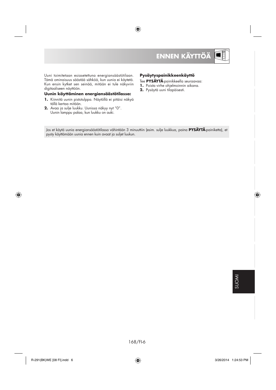 Ennen käyttöä | Sharp R-291BKWE User Manual | Page 169 / 210