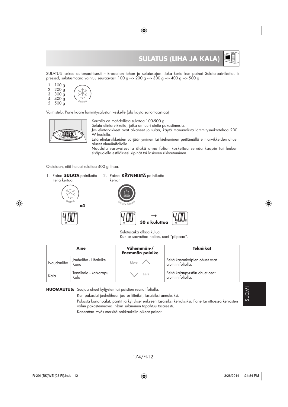 Sulatus (liha ja kala) | Sharp R-291BKWE User Manual | Page 175 / 210