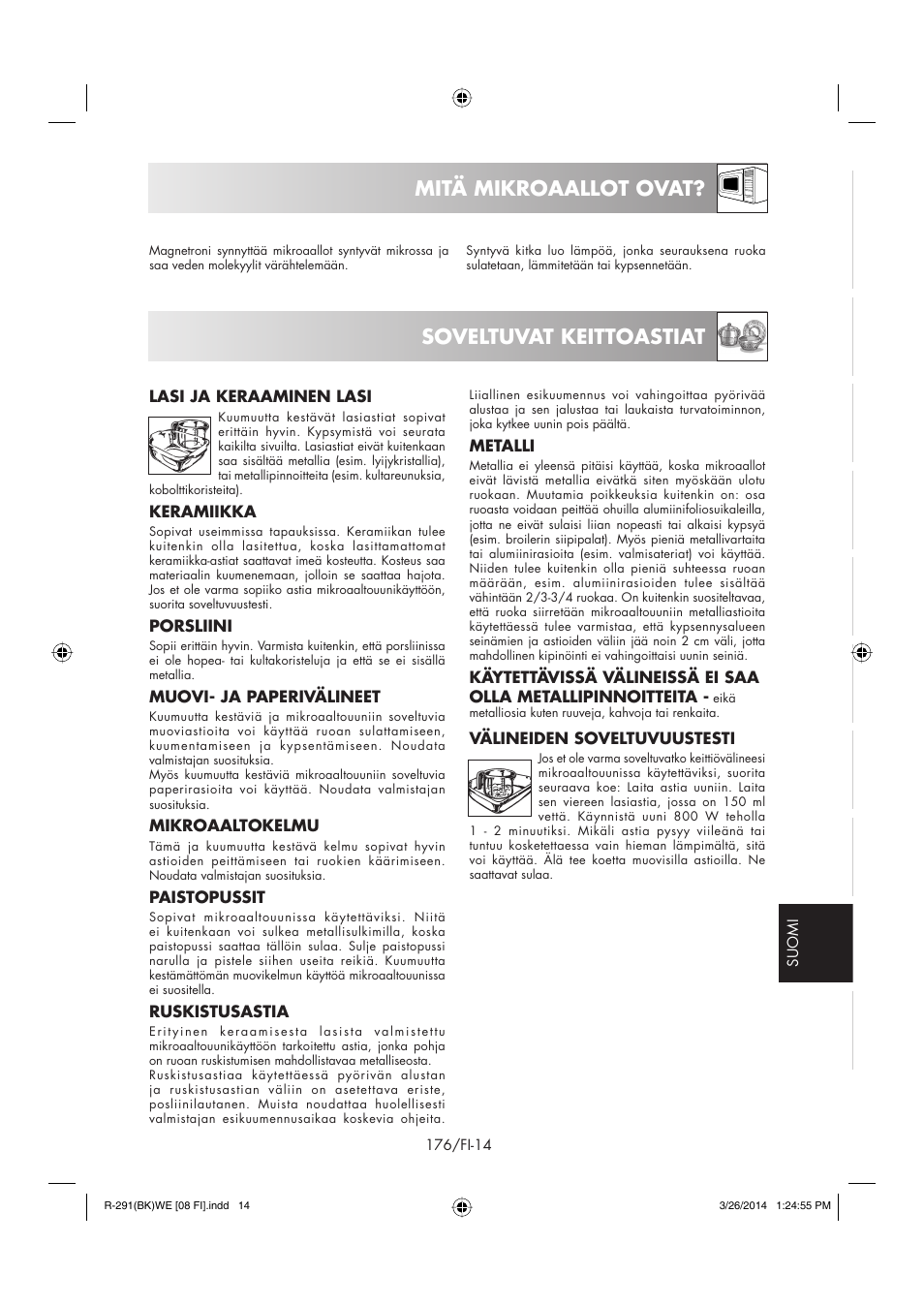 Mitä mikroaallot ovat, Soveltuvat keittoastiat | Sharp R-291BKWE User Manual | Page 177 / 210