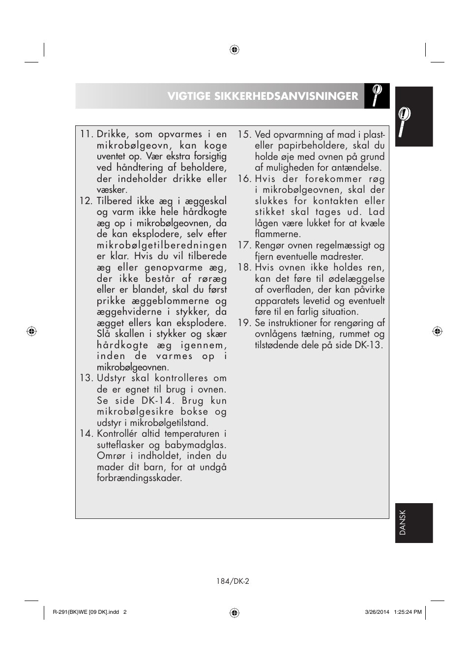 Vigtige sikkerhedsanvisninger | Sharp R-291BKWE User Manual | Page 185 / 210