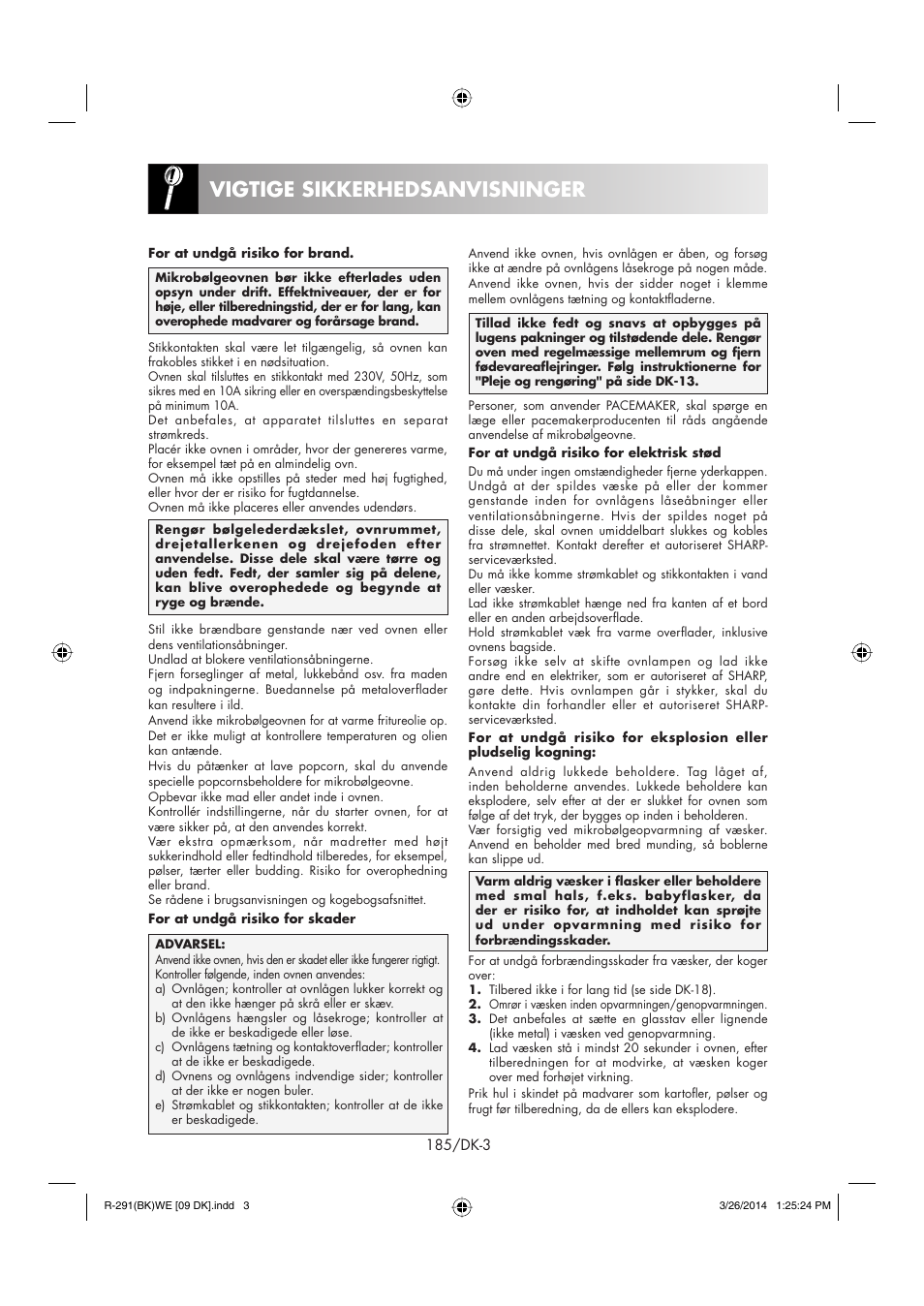 Vigtige sikkerhedsanvisninger | Sharp R-291BKWE User Manual | Page 186 / 210