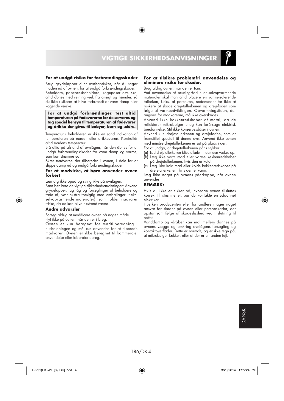 Vigtige sikkerhedsanvisninger | Sharp R-291BKWE User Manual | Page 187 / 210