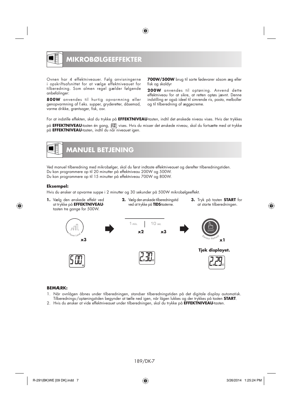 Manuel betjening mikrobølgeeffekter | Sharp R-291BKWE User Manual | Page 190 / 210