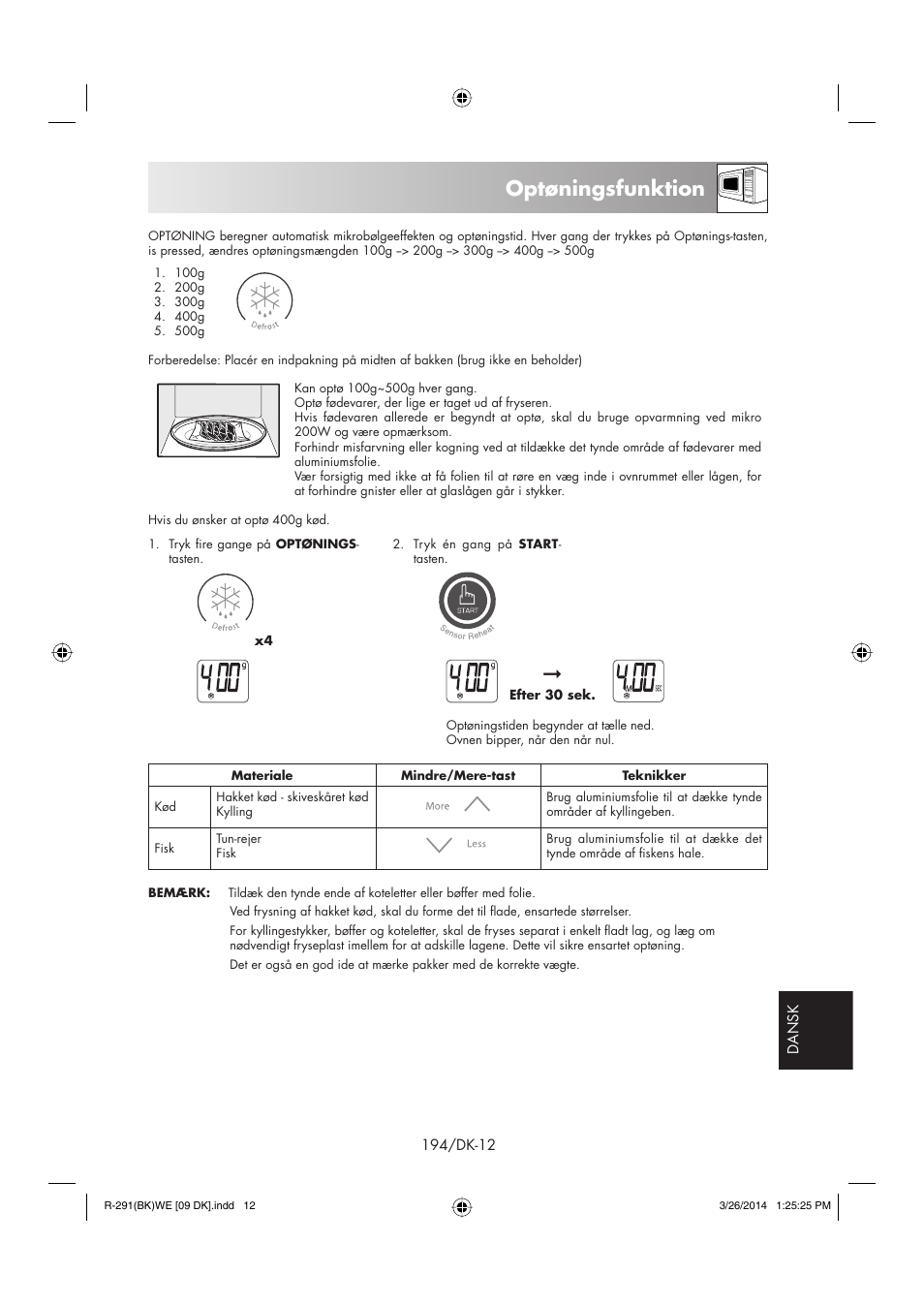 Optøningsfunktion | Sharp R-291BKWE User Manual | Page 195 / 210