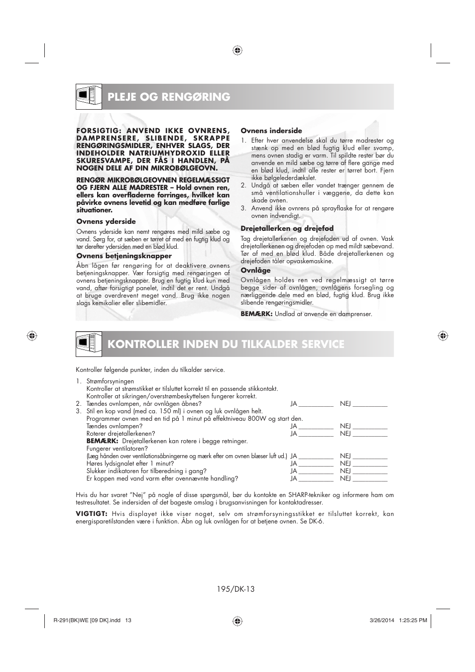 Pleje og rengøring, Kontroller inden du tilkalder service | Sharp R-291BKWE User Manual | Page 196 / 210