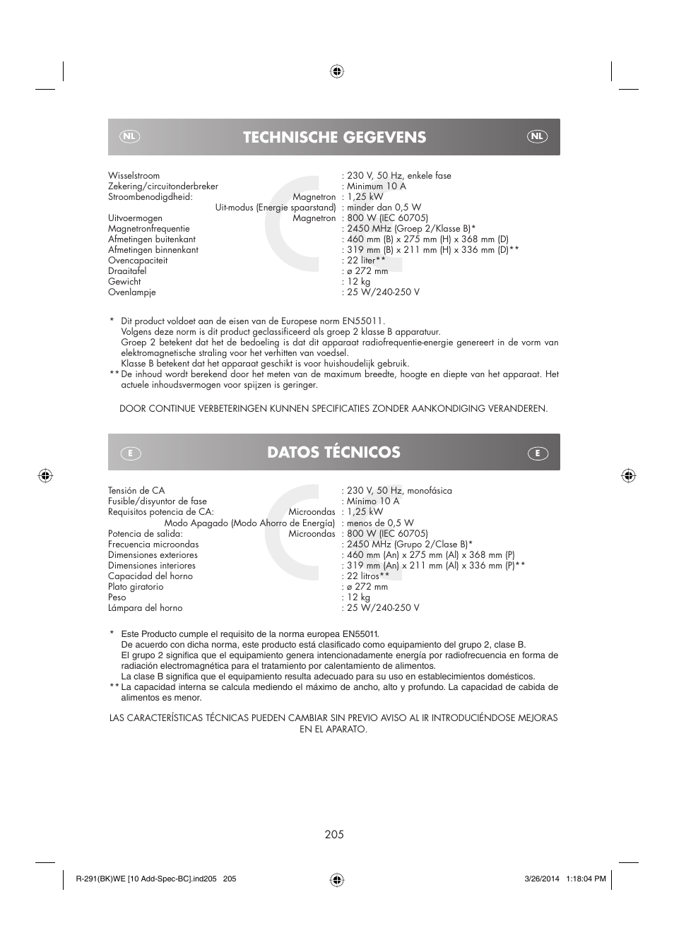 Technische gegevens, Datos técnicos | Sharp R-291BKWE User Manual | Page 206 / 210