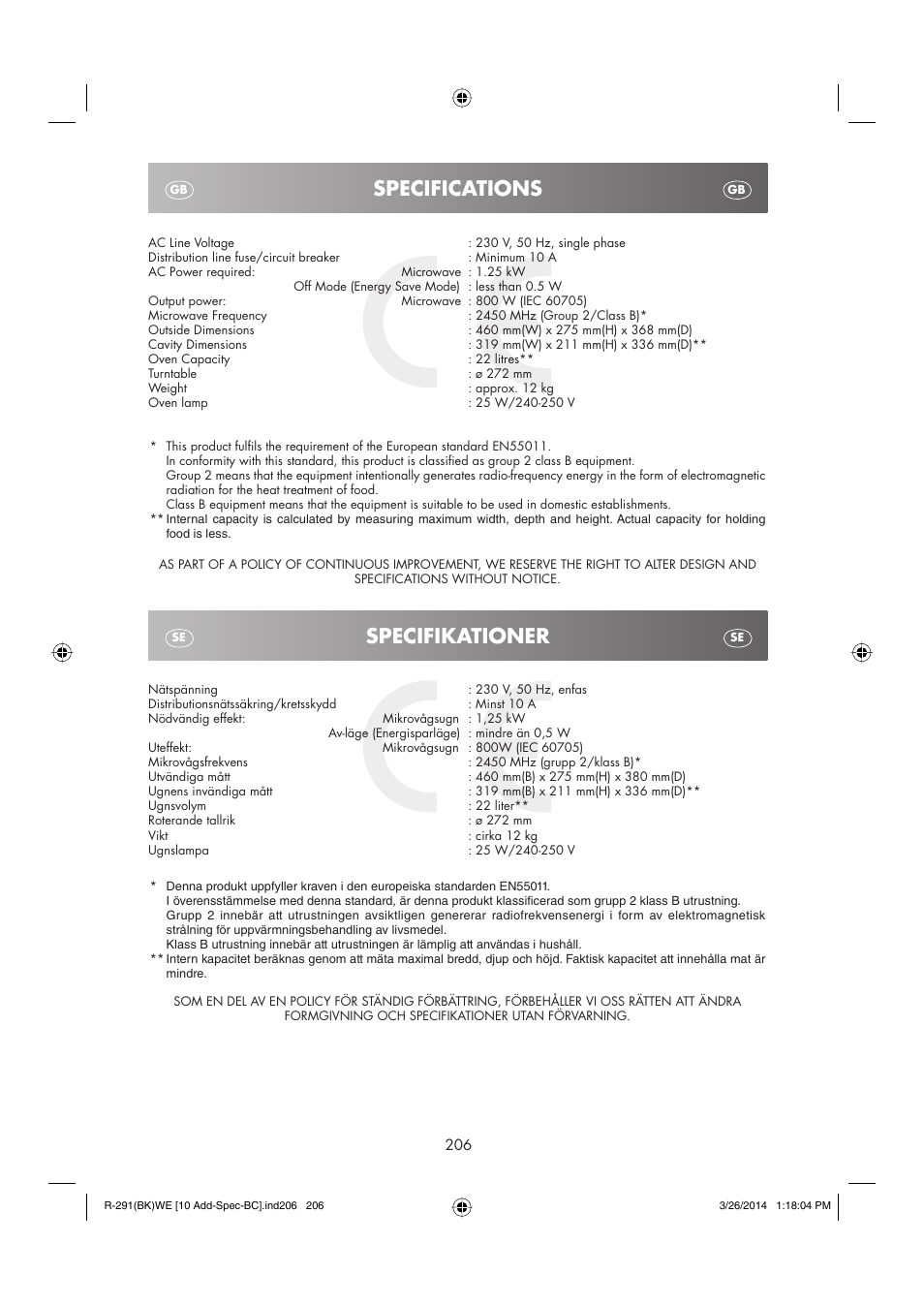 Specifications, Specifikationer | Sharp R-291BKWE User Manual | Page 207 / 210