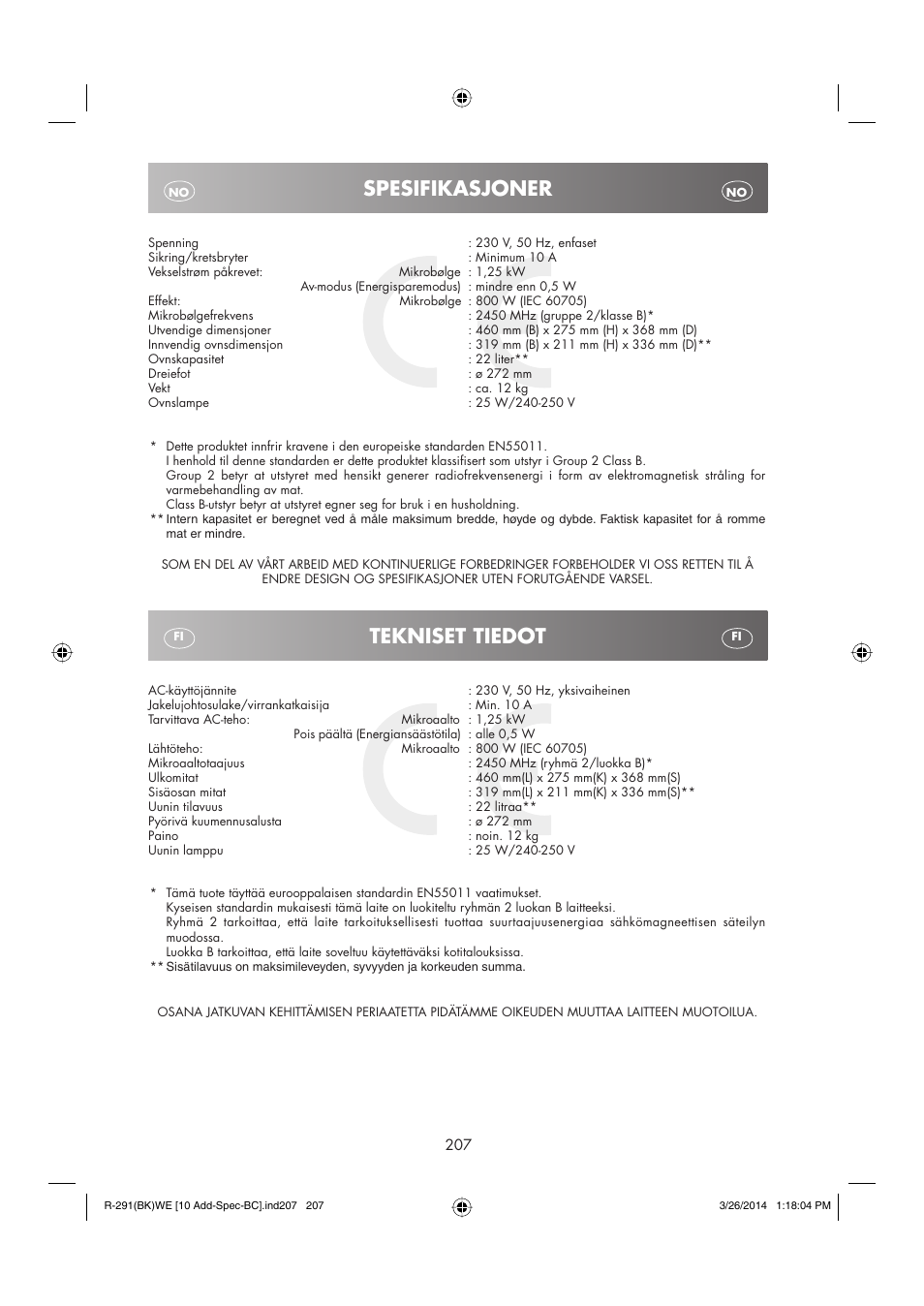 Spesifikasjoner, Tekniset tiedot | Sharp R-291BKWE User Manual | Page 208 / 210