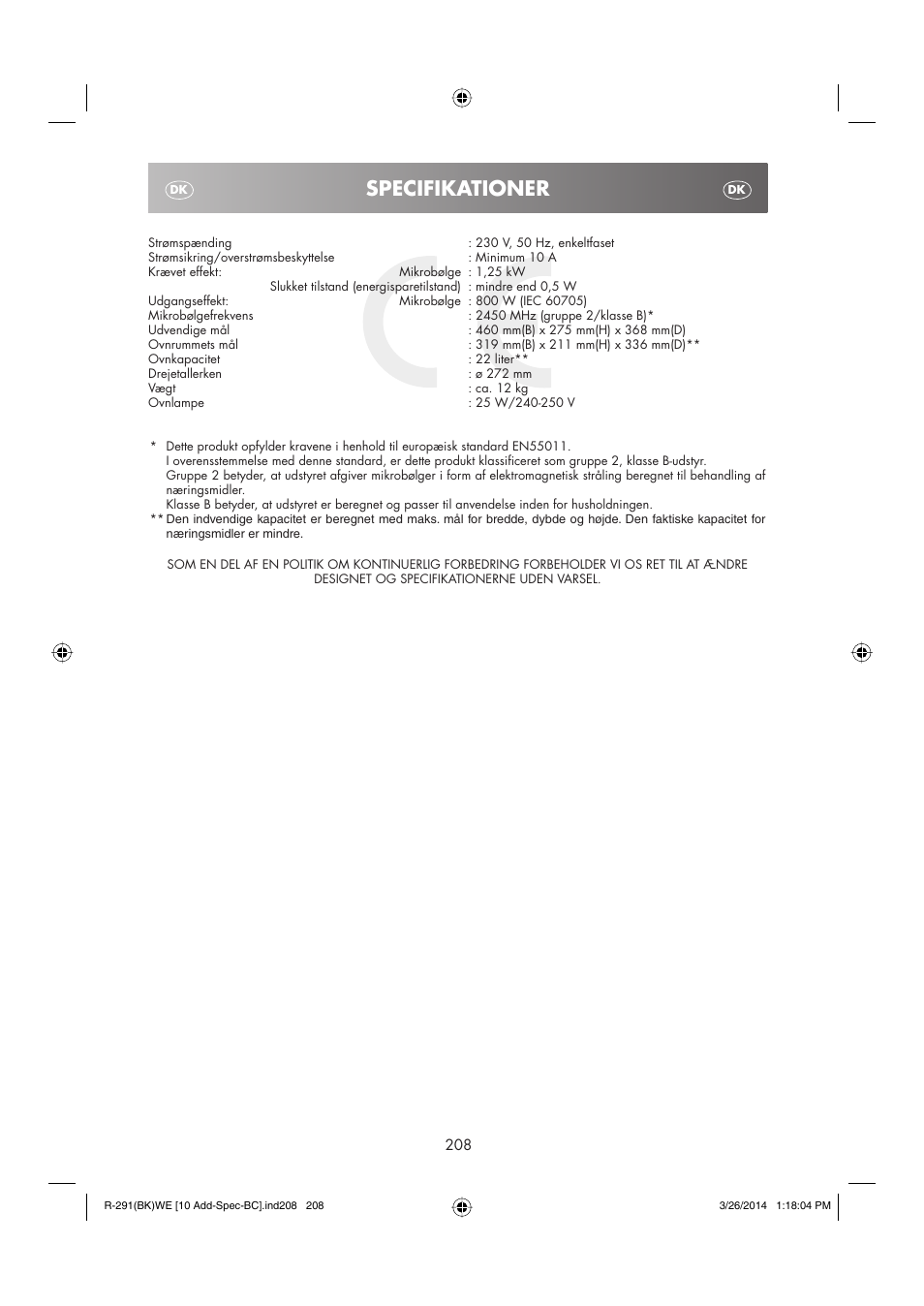 Specifikationer | Sharp R-291BKWE User Manual | Page 209 / 210
