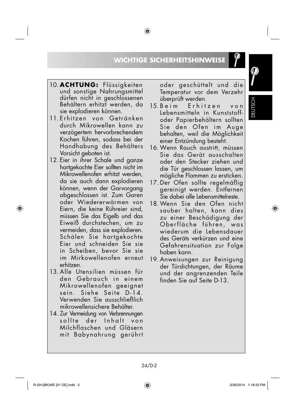 Wichtige sicherheitshinweise | Sharp R-291BKWE User Manual | Page 25 / 210