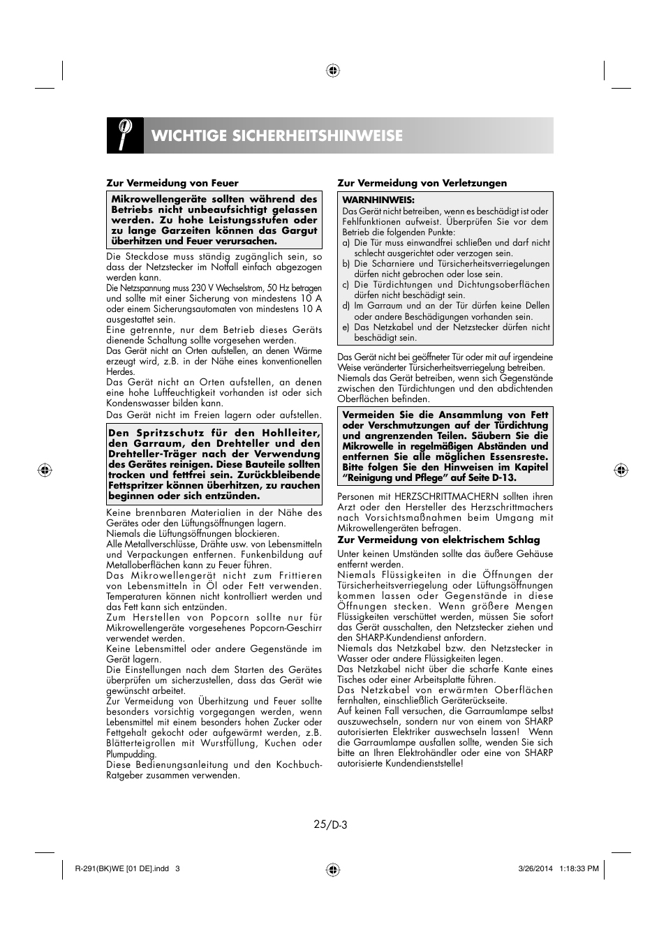 Wichtige sicherheitshinweise | Sharp R-291BKWE User Manual | Page 26 / 210