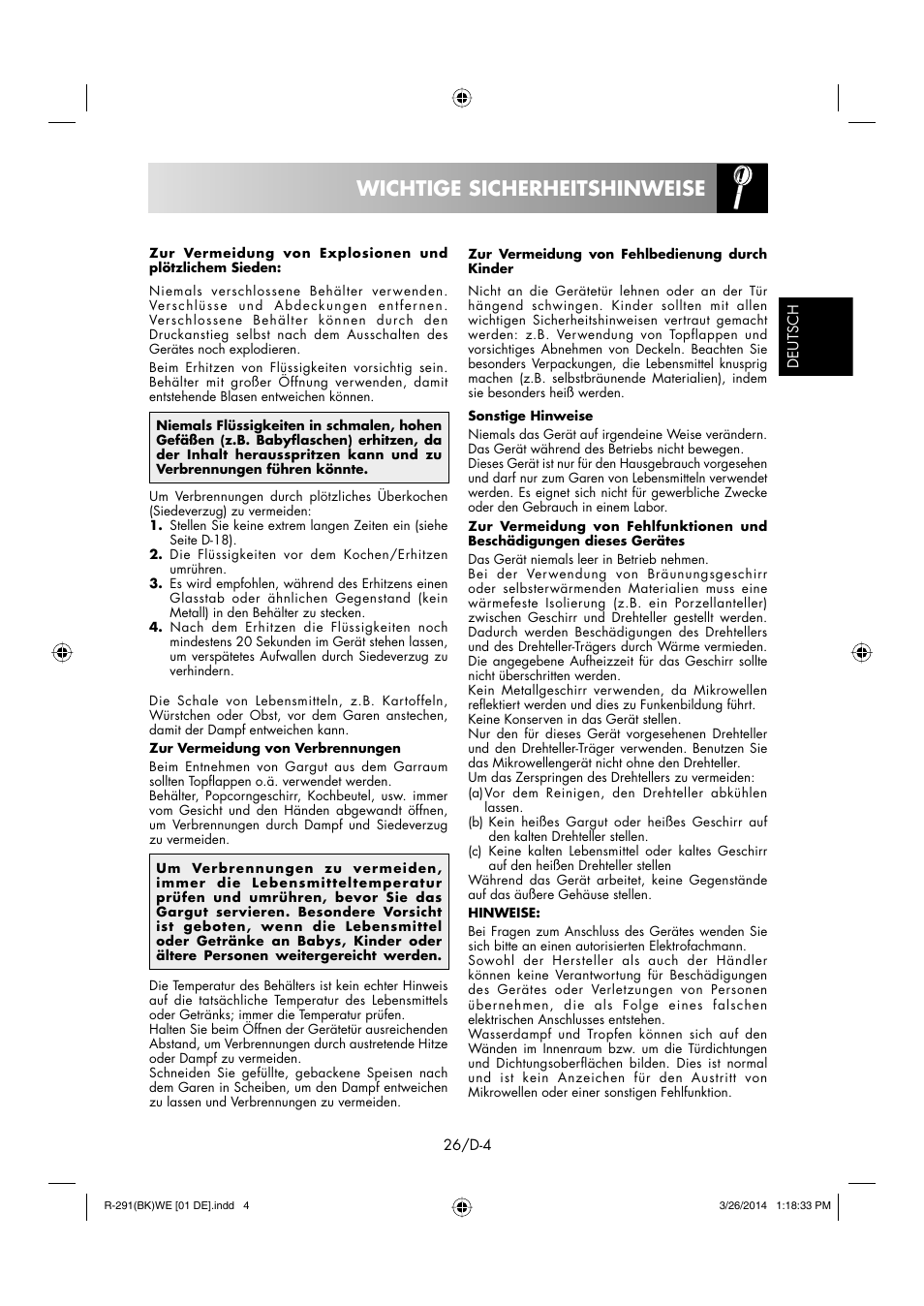 Wichtige sicherheitshinweise | Sharp R-291BKWE User Manual | Page 27 / 210