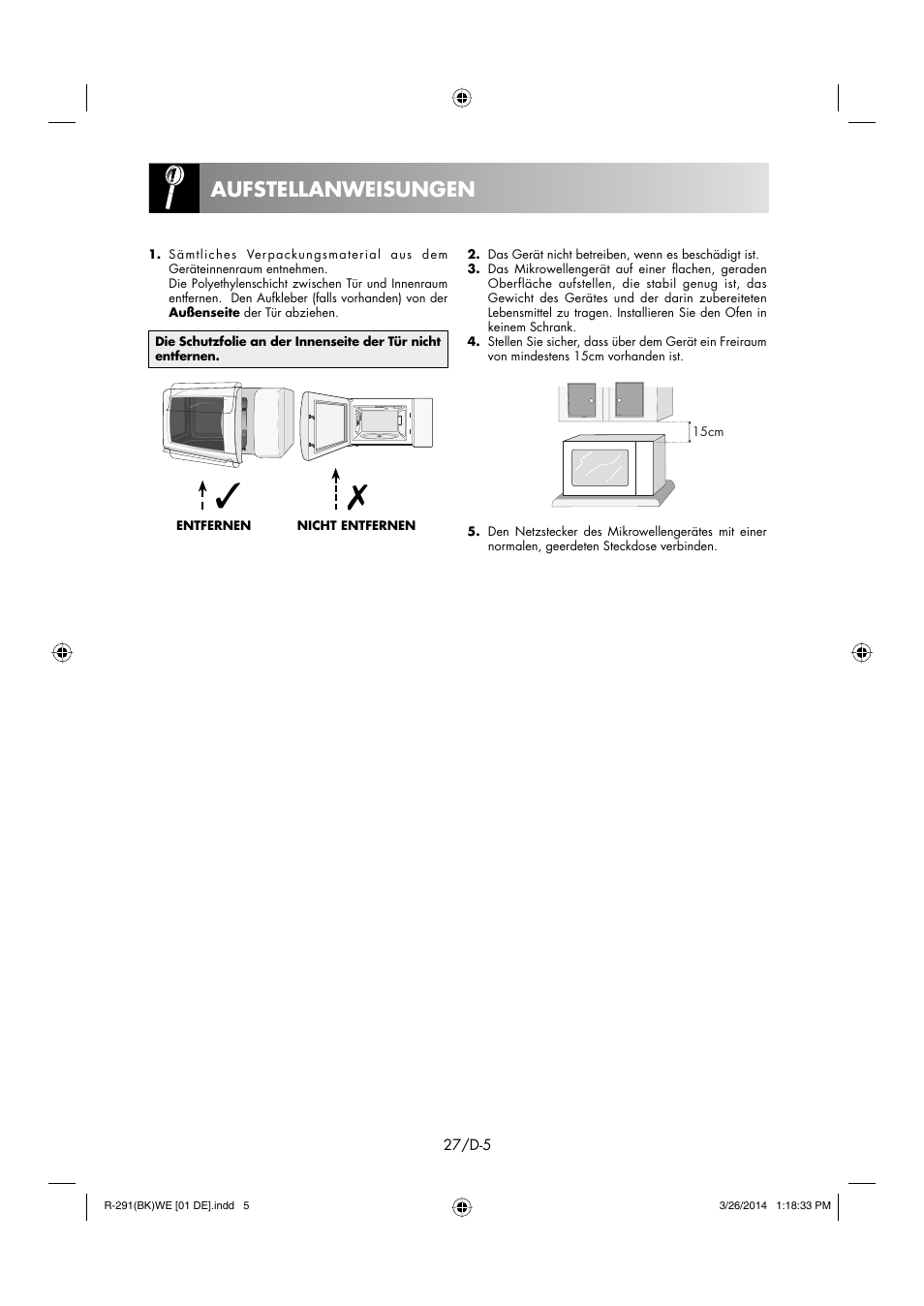 Aufstellanweisungen | Sharp R-291BKWE User Manual | Page 28 / 210