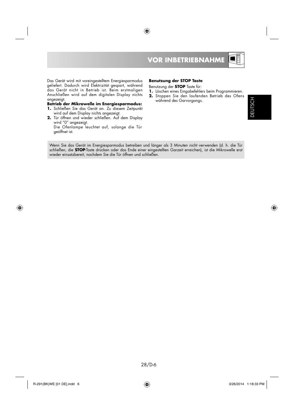 Vor inbetriebnahme | Sharp R-291BKWE User Manual | Page 29 / 210