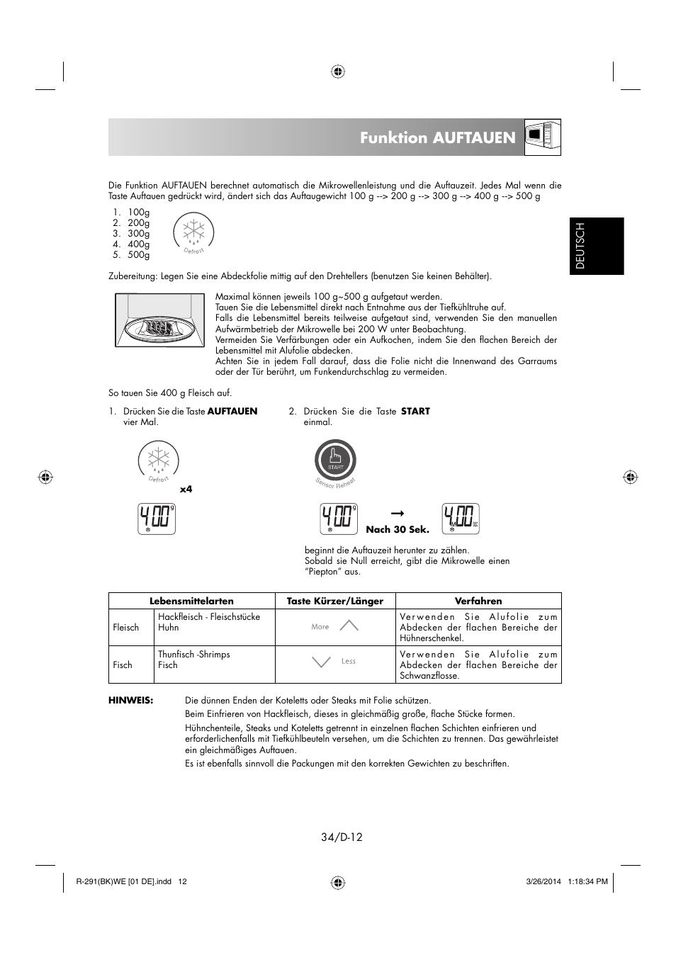 Funktion auftauen | Sharp R-291BKWE User Manual | Page 35 / 210