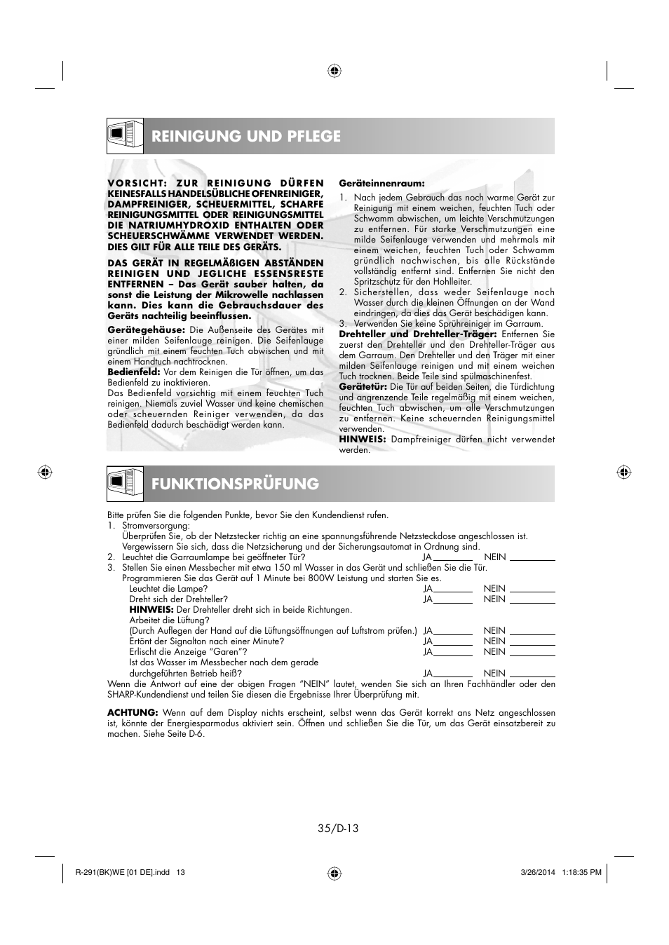Reinigung und pflege, Funktionsprüfung | Sharp R-291BKWE User Manual | Page 36 / 210