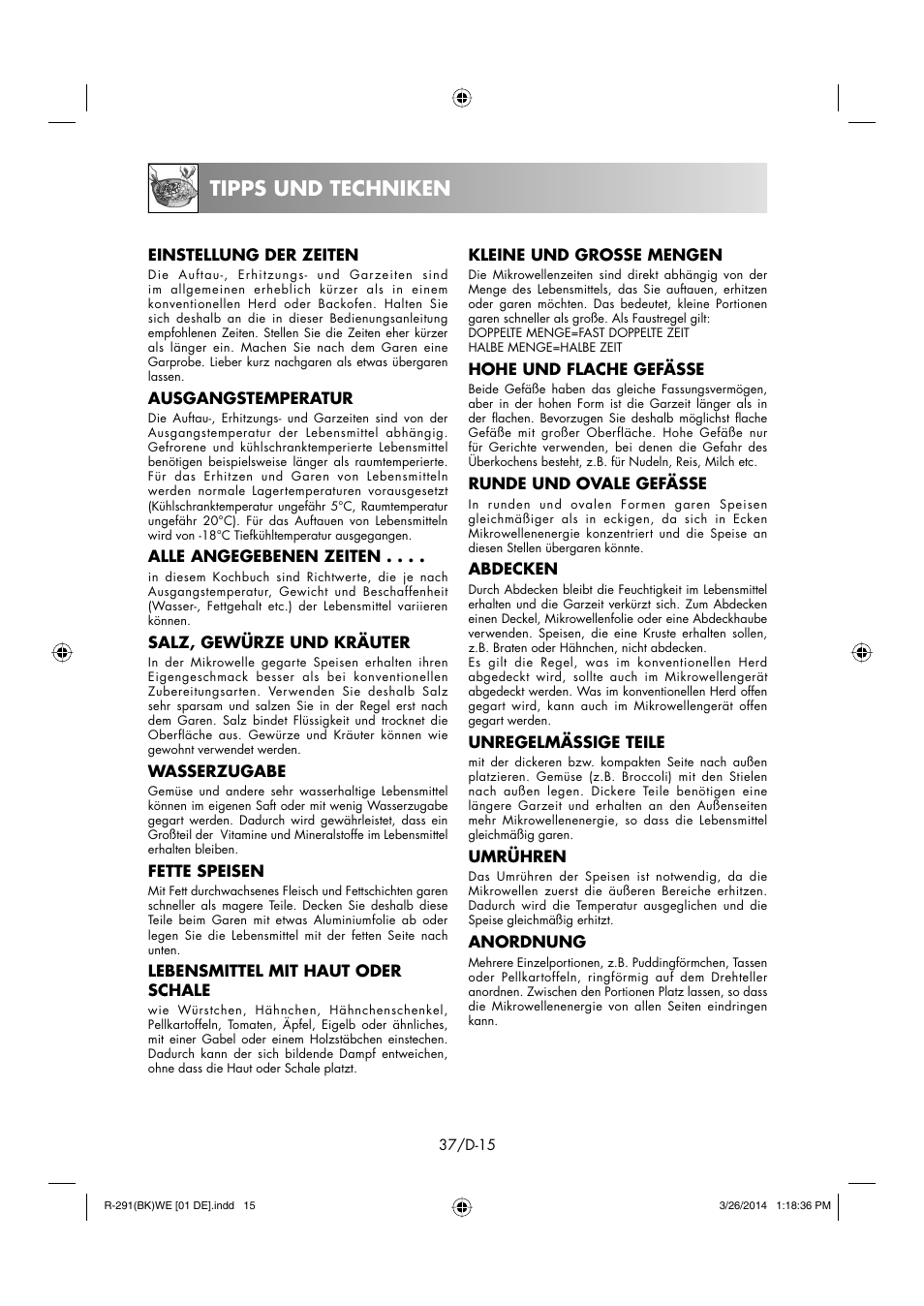 Tipps und techniken | Sharp R-291BKWE User Manual | Page 38 / 210