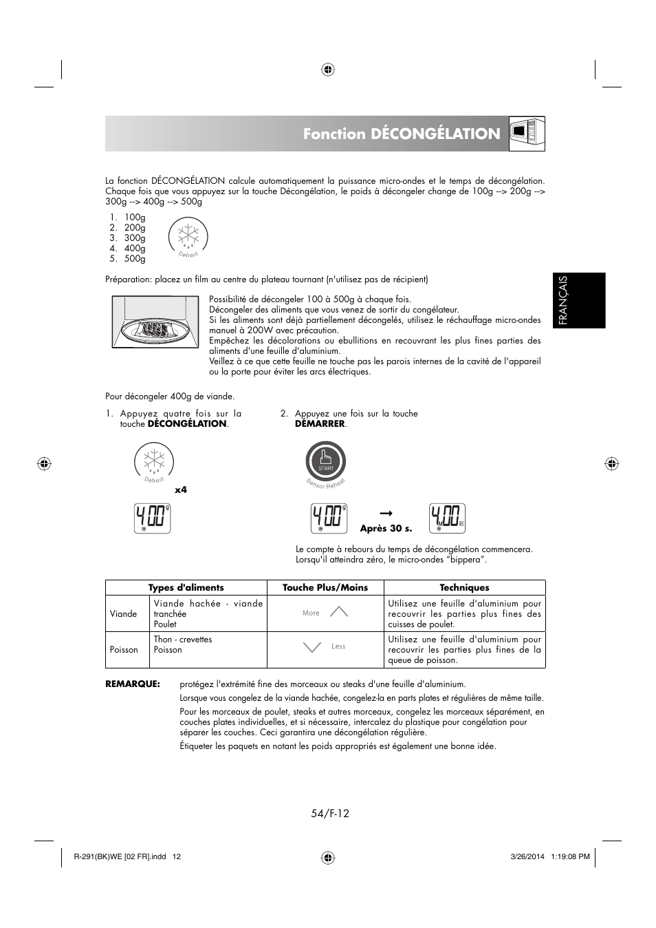 Fonction décongélation | Sharp R-291BKWE User Manual | Page 55 / 210