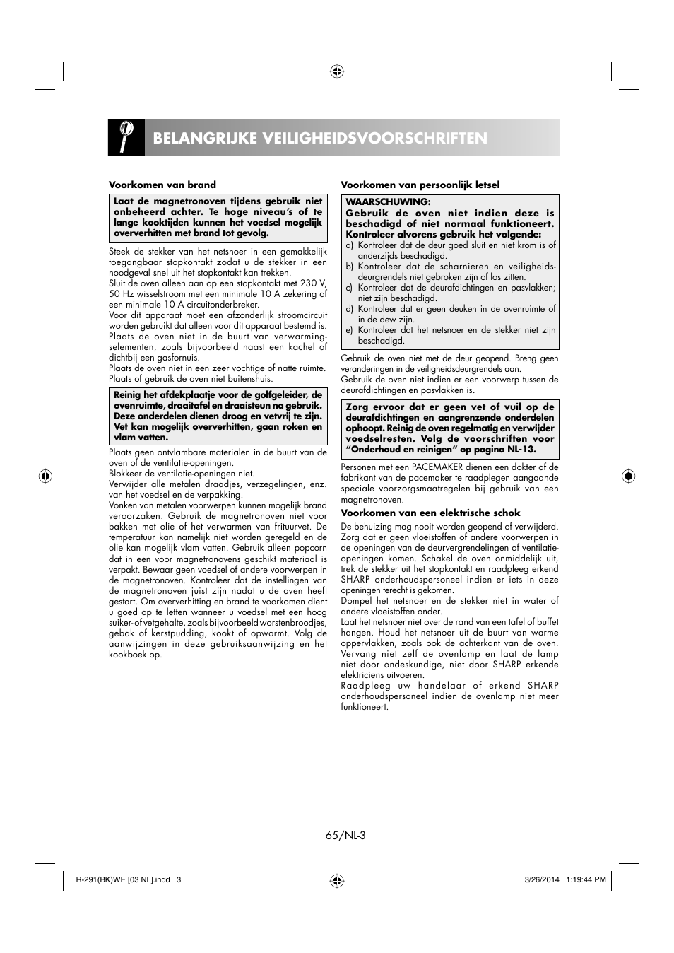 Belangrijke veiligheidsvoorschriften | Sharp R-291BKWE User Manual | Page 66 / 210