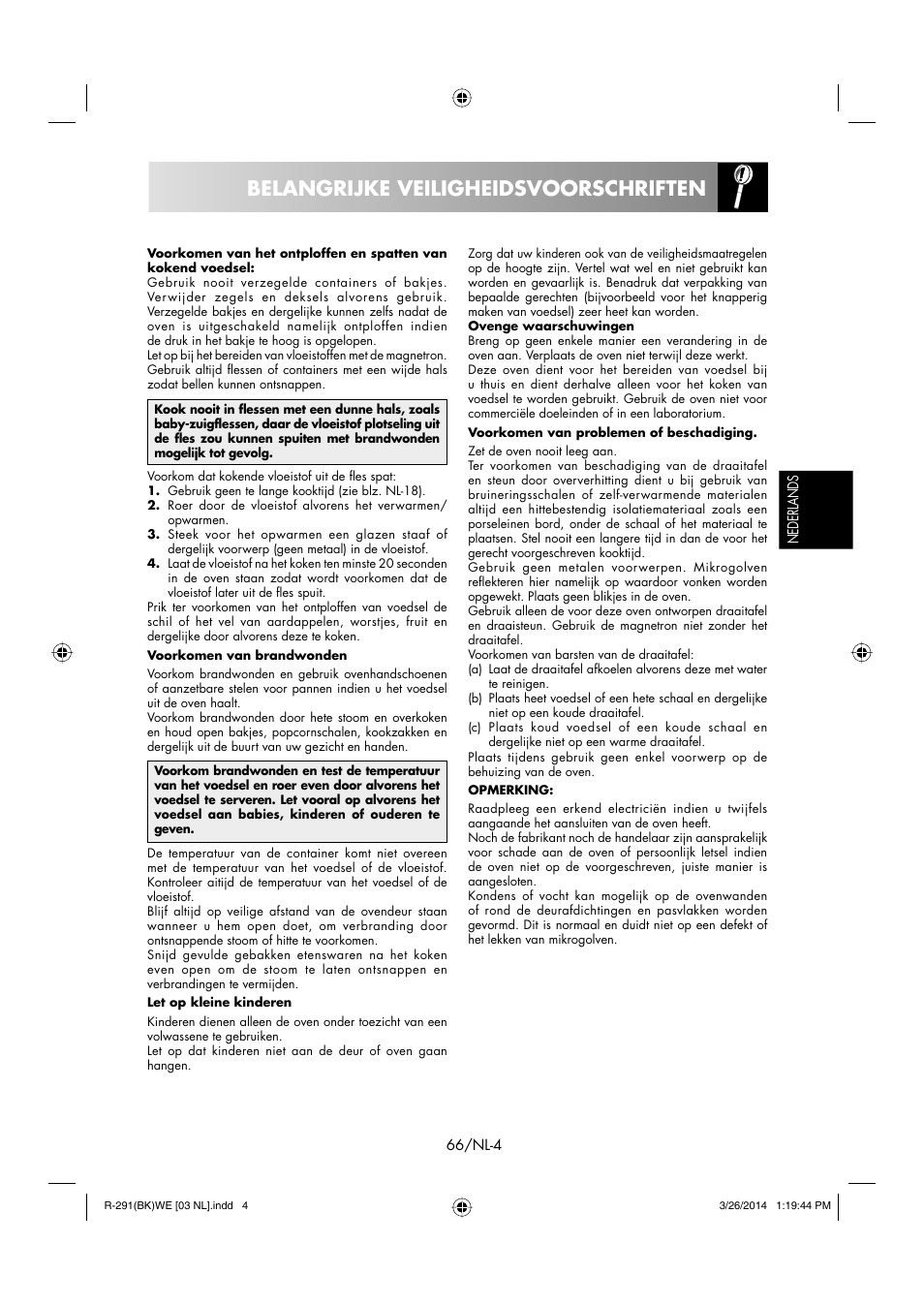Belangrijke veiligheidsvoorschriften | Sharp R-291BKWE User Manual | Page 67 / 210