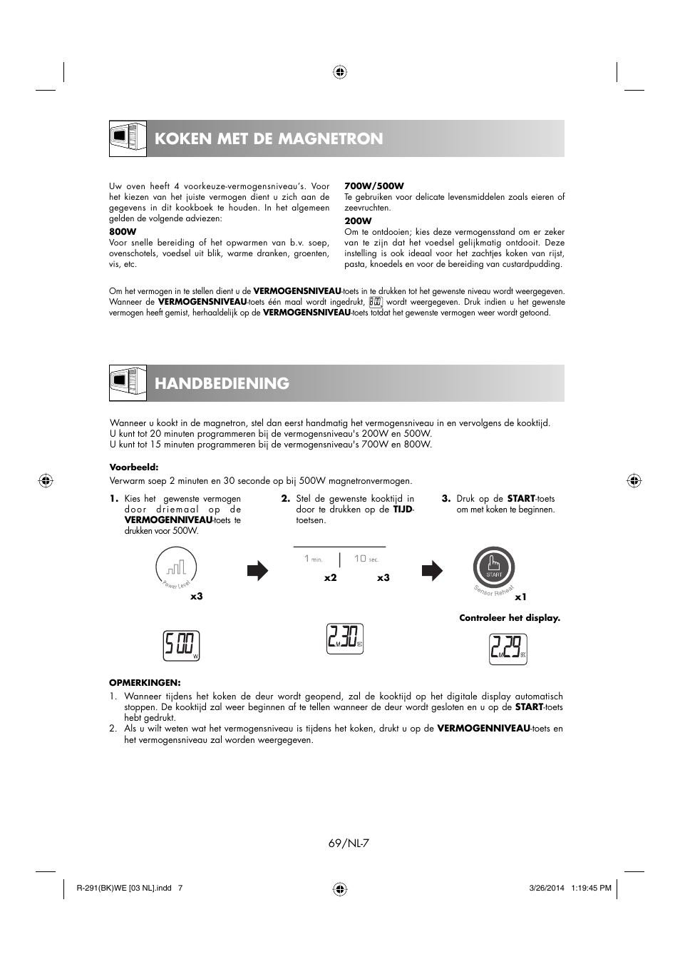 Koken met de magnetron, Handbediening | Sharp R-291BKWE User Manual | Page 70 / 210