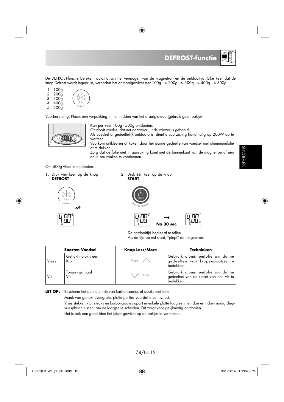 Defrost-functie | Sharp R-291BKWE User Manual | Page 75 / 210